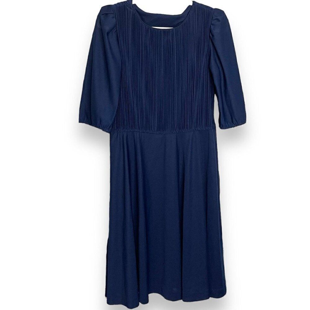 Pleated Fit & Flare Dress Women's Medium Blue Half Sleeve Lined Retro Academia